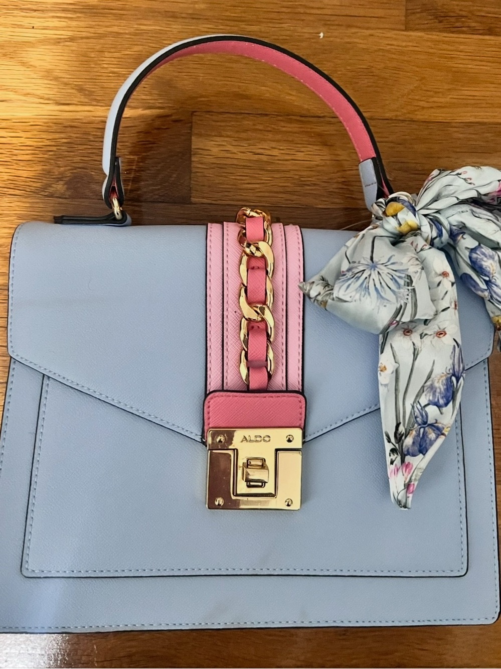 NWT Aldo Light Blue and Pink Top-Handle Satchel with Scarf Accent